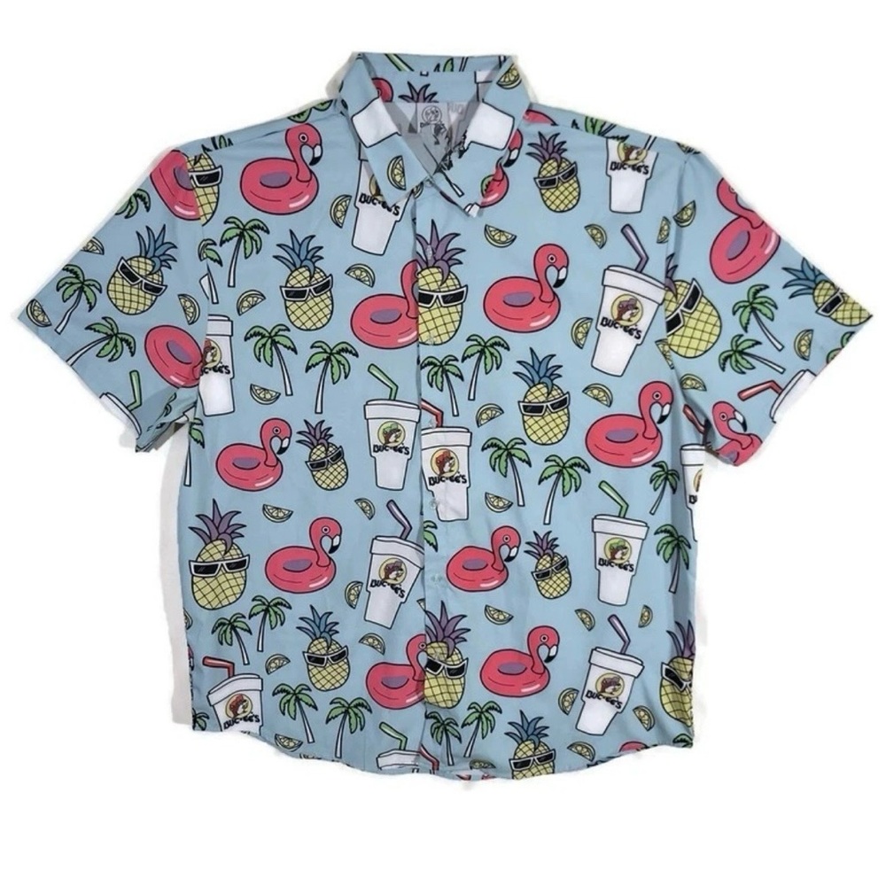 Bucees Shirt Mens S Blue Button Up Hawaiian Tiki  Pineapple Flamingo